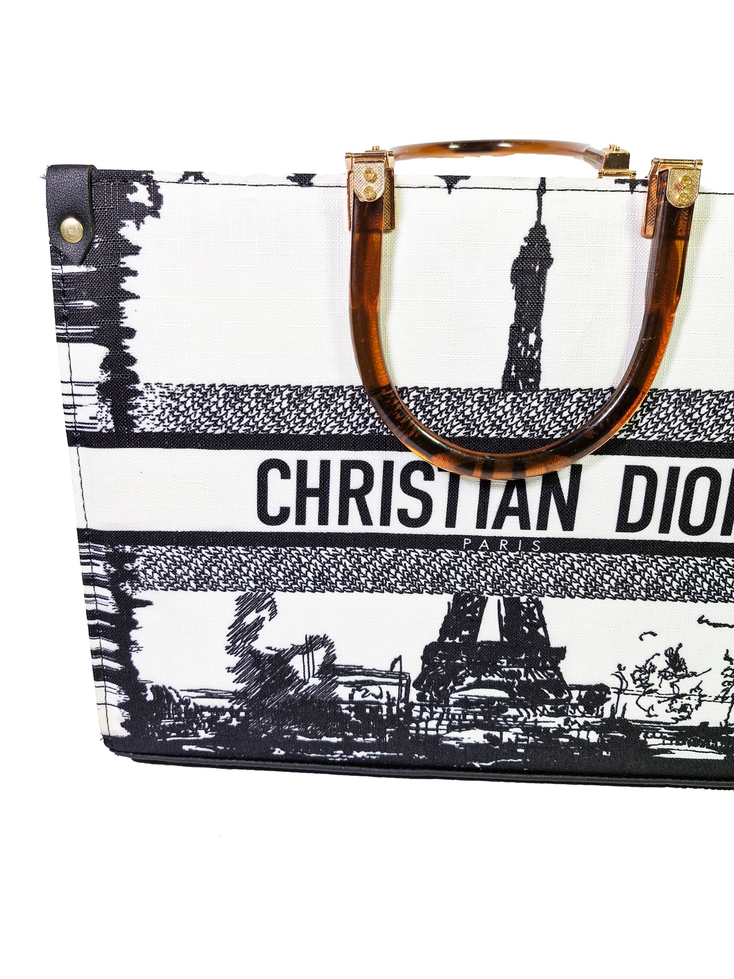 Christian Dior Inspired Paris Tote Bag – Designer Print with Wooden Handles