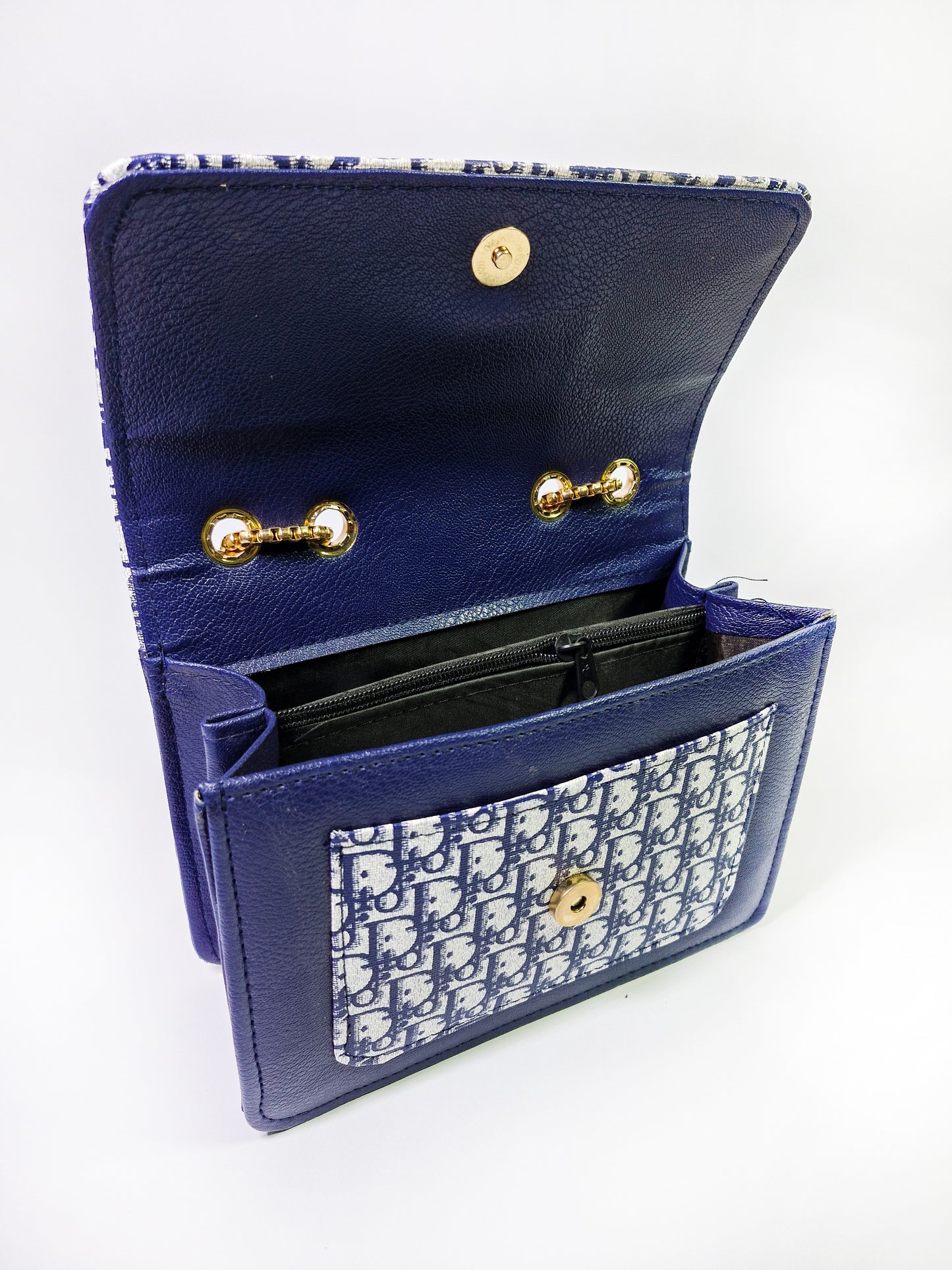 Luxury Dior Style Monogram Bag – Navy Blue Crossbody with Gold Chain"