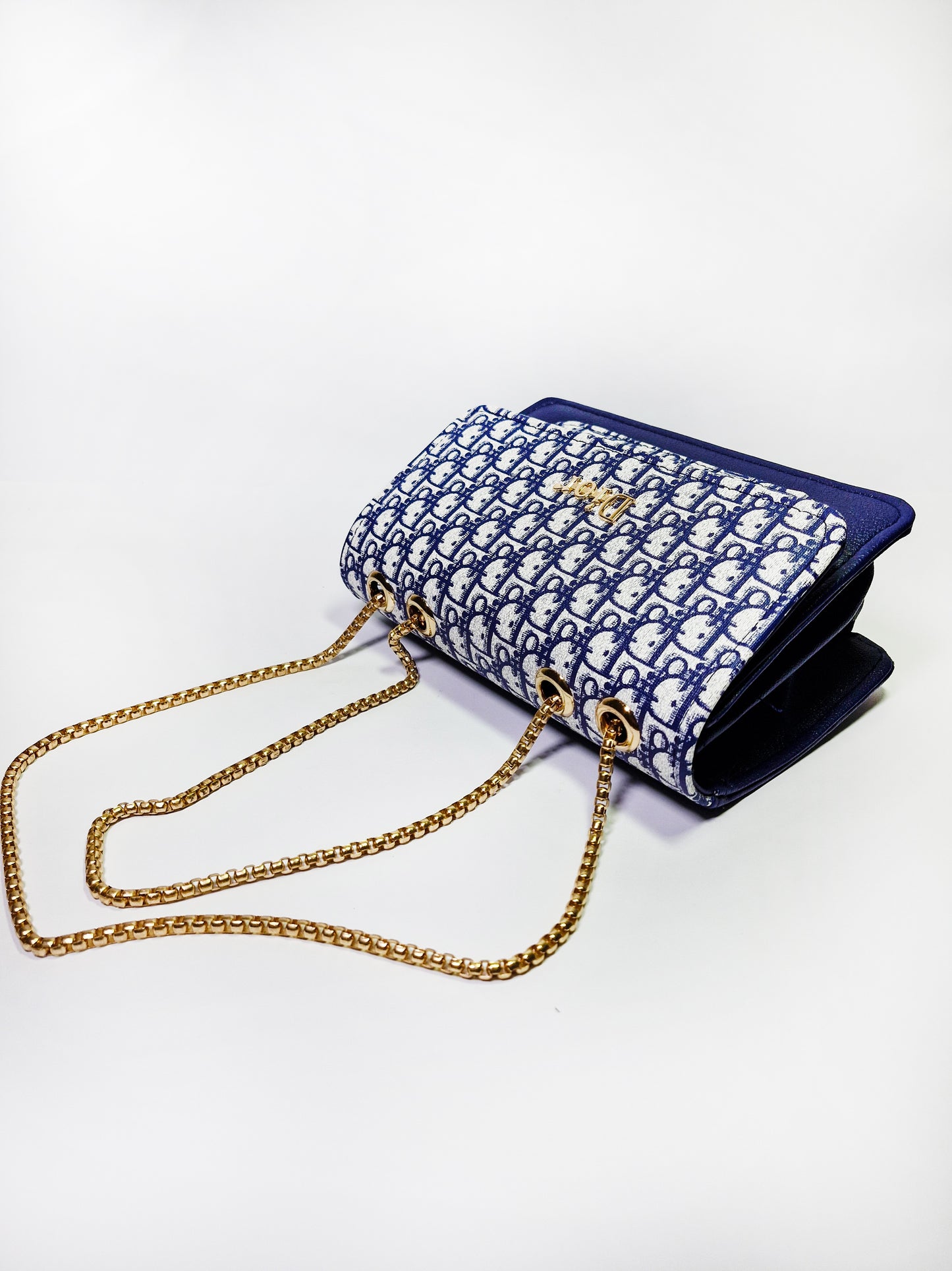 Luxury Dior Style Monogram Bag – Navy Blue Crossbody with Gold Chain"
