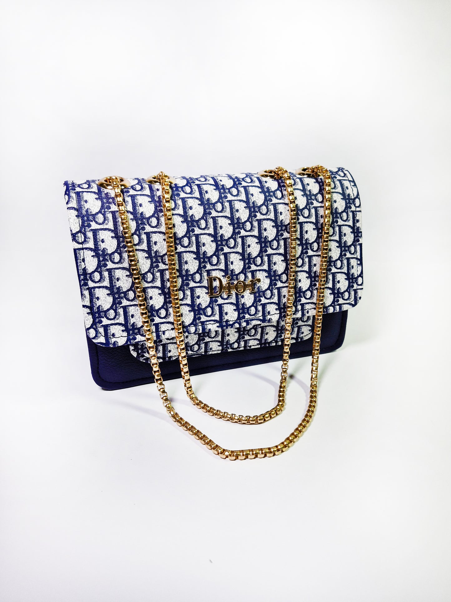 Luxury Dior Style Monogram Bag – Navy Blue Crossbody with Gold Chain"