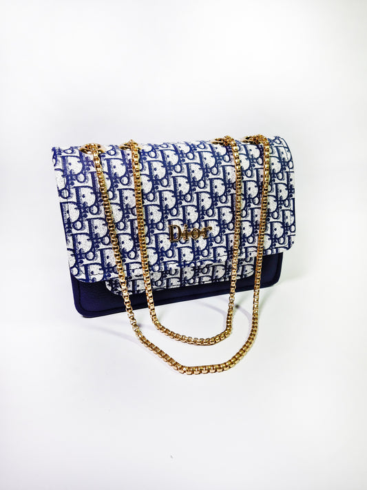 Luxury Dior Style Monogram Bag – Navy Blue Crossbody with Gold Chain"