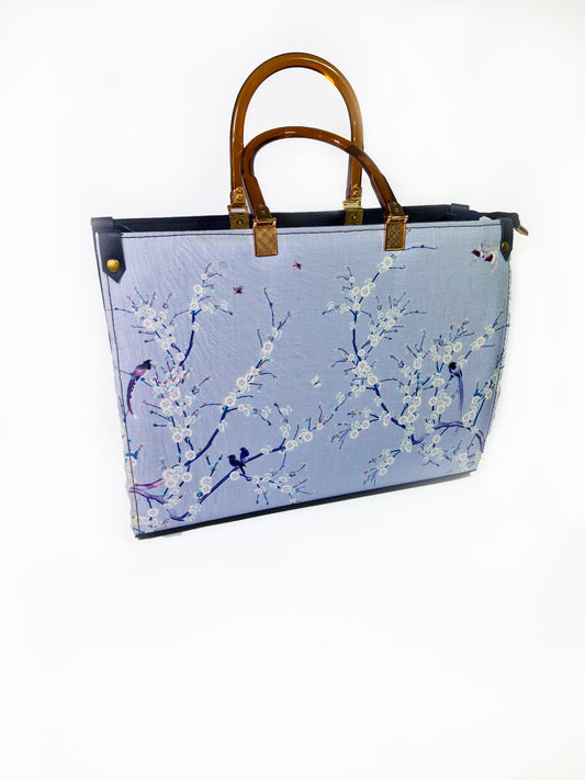 Luxury Navy Blue Floral Tote – Dior Style Handbag with Wooden Handles