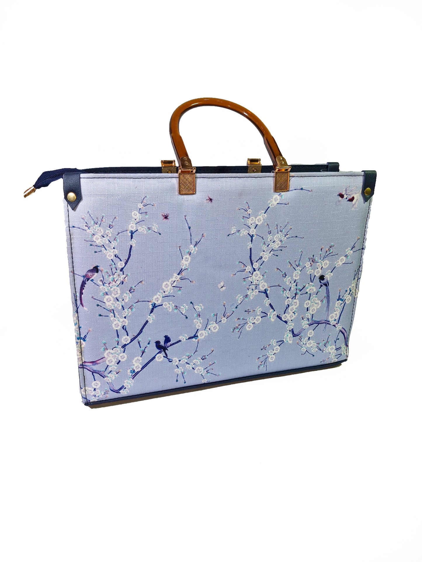 Luxury Navy Blue Floral Tote – Dior Style Handbag with Wooden Handles