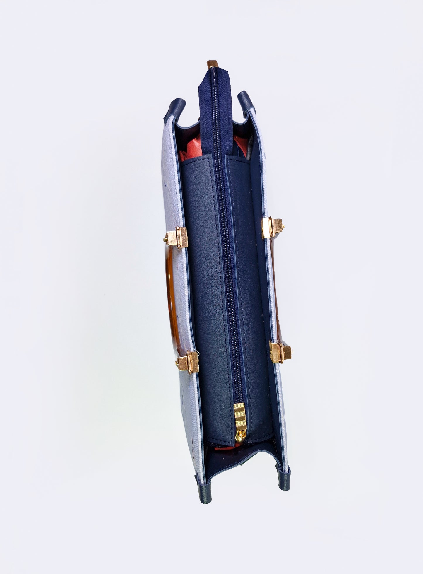 Luxury Navy Blue Floral Tote – Dior Style Handbag with Wooden Handles