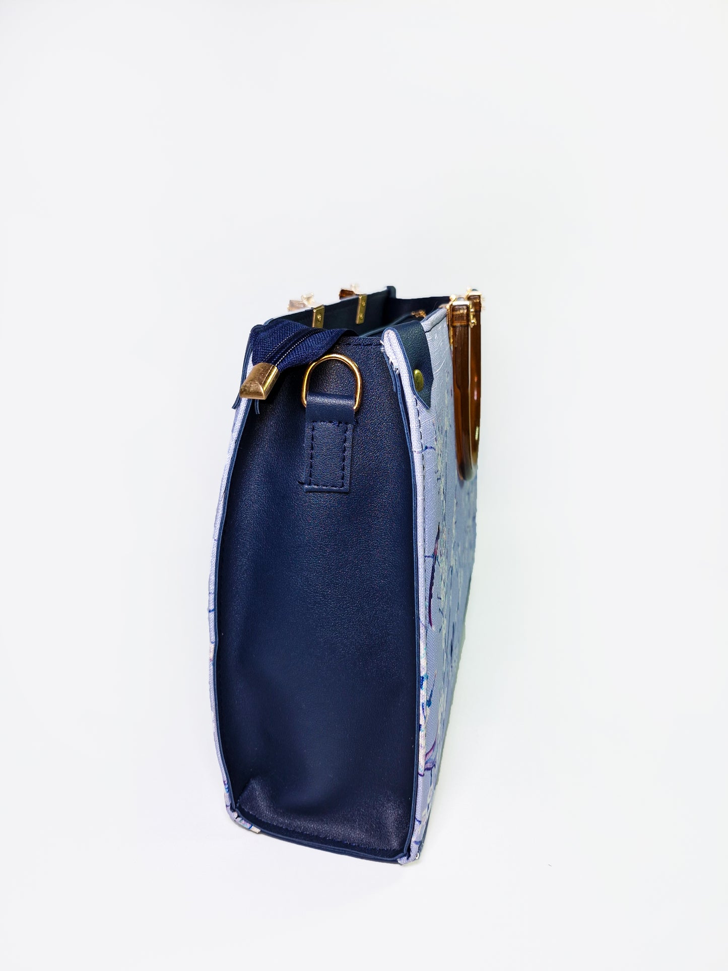 Luxury Navy Blue Floral Tote – Dior Style Handbag with Wooden Handles