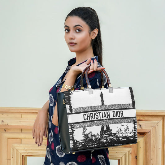 Christian Dior Inspired Paris Tote Bag – Designer Print with Wooden Handles