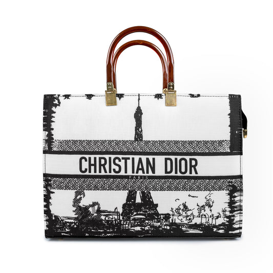 Christian Dior Inspired Paris Tote Bag – Designer Print with Wooden Handles